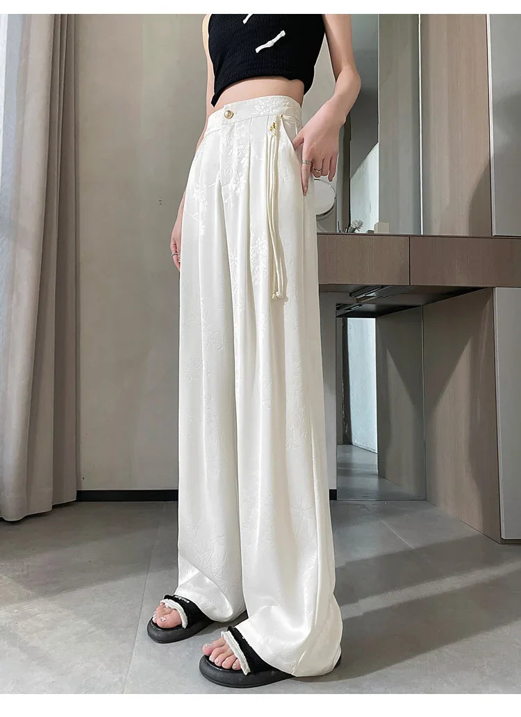 Chinese Style Jacquard Wide Leg Satin Pants – Women